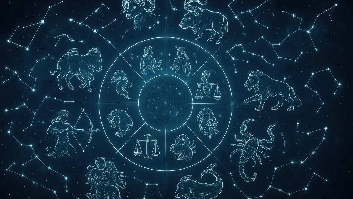 dating at 50: zodiac wheel constellations illustration